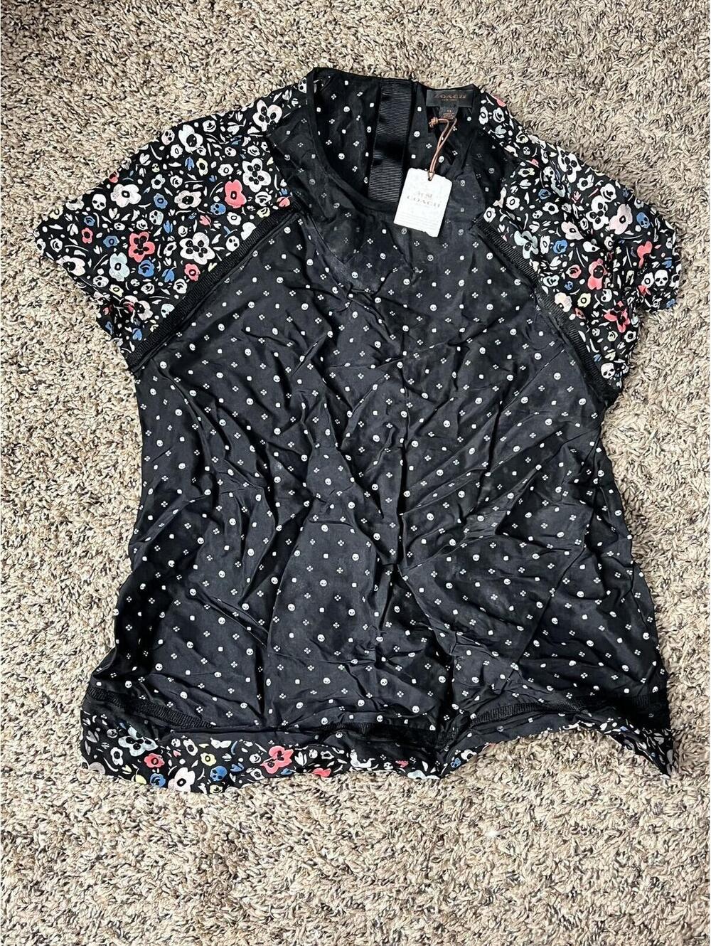 Coach New York Women's Black Floral and Polka Dot Blouse XS NWT